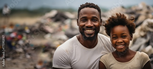 A father child and girl hold garbage bags cleaning up, Family teamwork, Environmental care photo