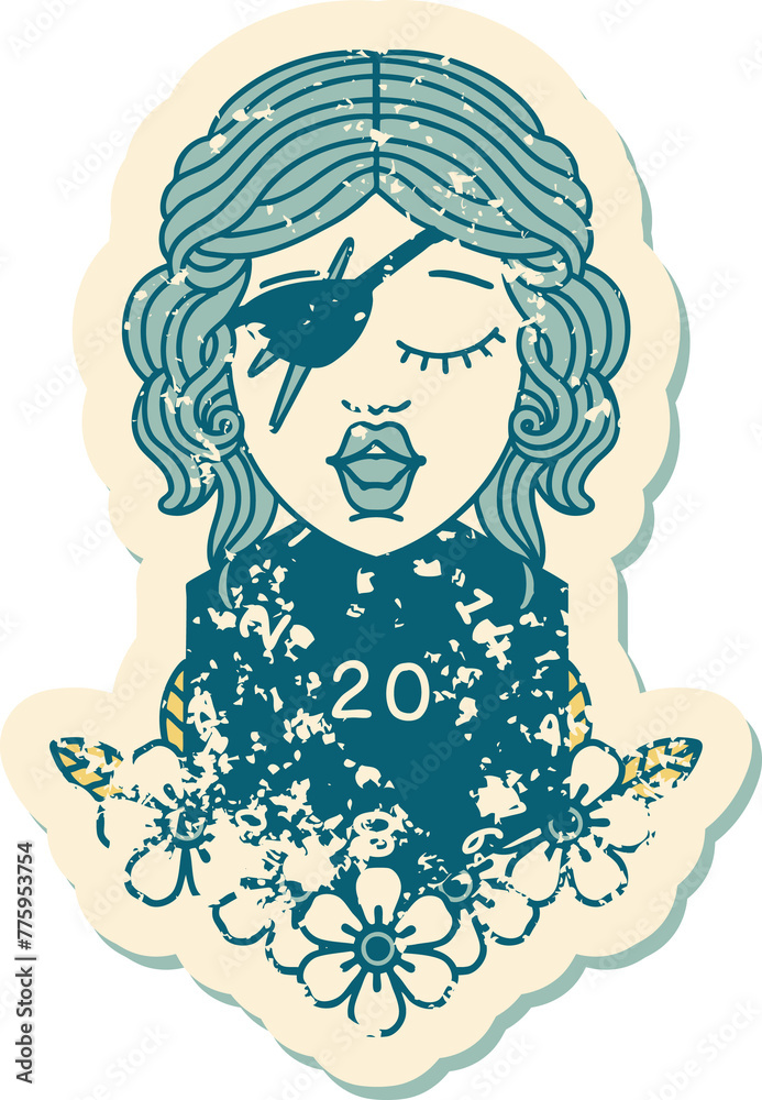 grunge sticker of a human rogue with natural twenty dice roll grunge sticker of a human rogue with natural twenty dice roll