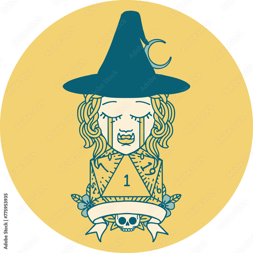 Retro Tattoo Style crying half orc witch character with natural one roll Retro Tattoo Style crying half orc witch character with natural one roll
