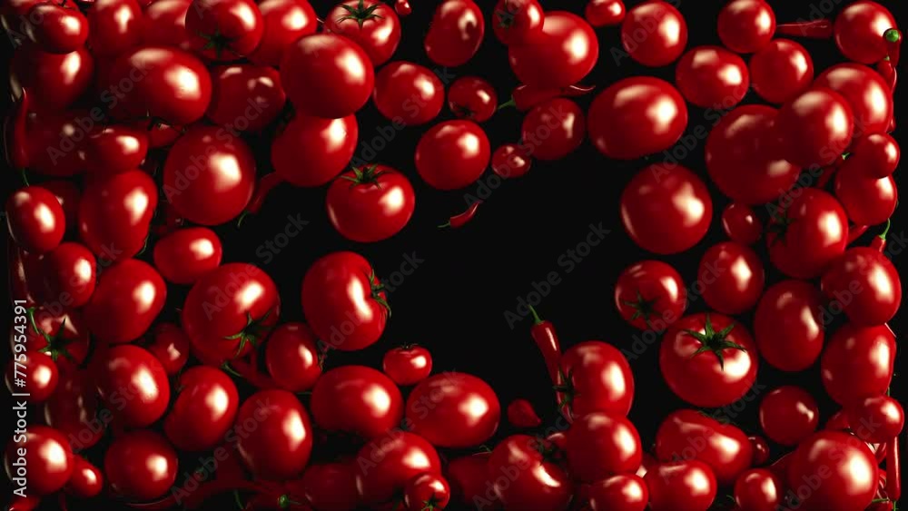 3d red tomatoes and hot chilli peppers, fresh raw food flying in slow motion. concept for ketchup, sauce, mexican food, vegetarian food 3d red tomatoes and hot chilli peppers, fresh raw food flying in slow motion. concept for ketchup, sauce, mexican food, vegetarian food