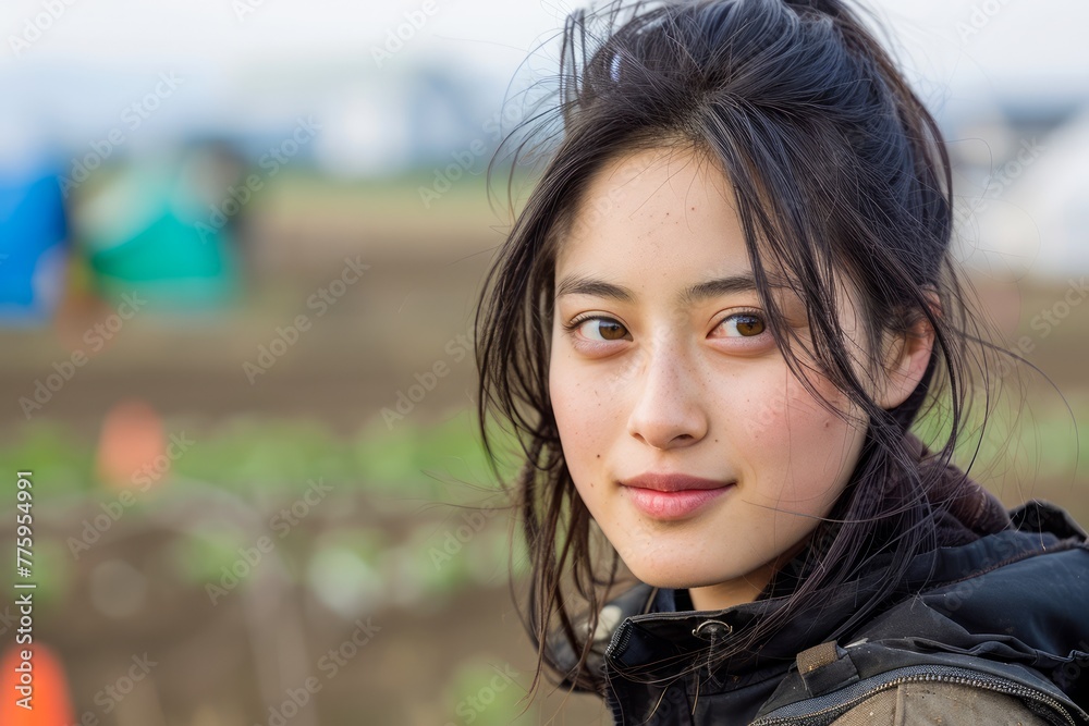 Portrait of a Young Asian Woman with Natural Makeup Smiling in an Outdoor Agricultural Field Portrait of a Young Asian Woman with Natural Makeup Smiling in an Outdoor Agricultural Field