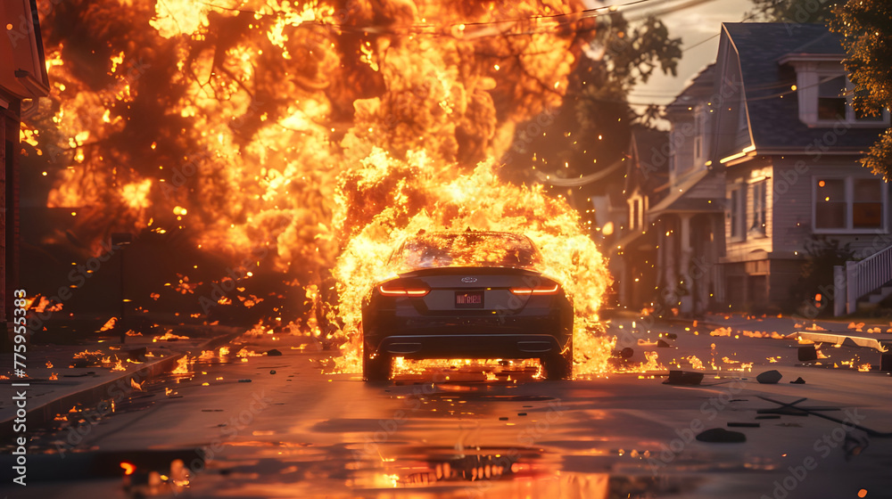 Intense drama as flames consume car in suburban street - Ai Generated