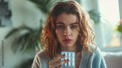 A woman holding a blister pack of medication, looking concerned photo
