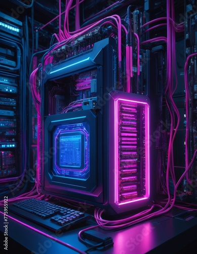 A high-tech computer server glowing with neon pink and blue lights, showcasing advanced technology and cybernetic aesthetics within a data center