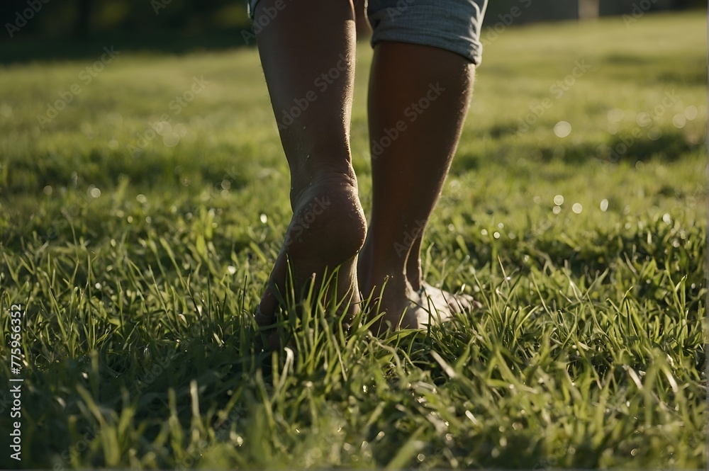 Person walking barefoot on grass for wellness