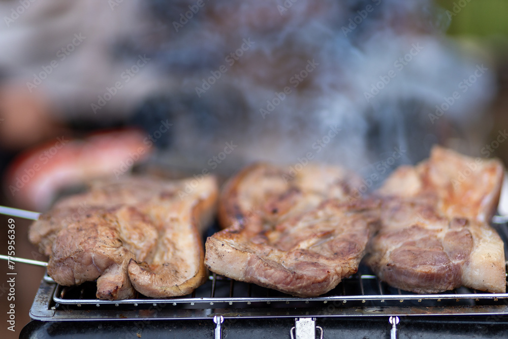 selective focus grilled pork on the grill There is space for text. selective focus grilled pork on the grill There is space for text.