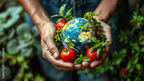 Fototapeta Naklejka Na Ścianę i Meble -  Person Holding Tomatoes and Globe