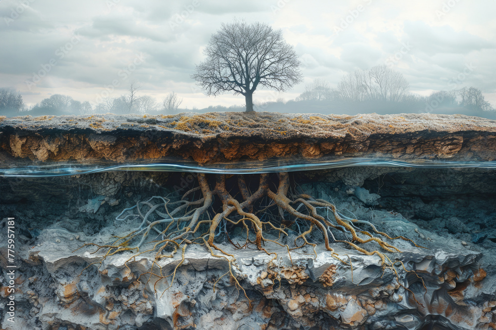 Visual representation of carbon dioxide molecules merging with tree ...