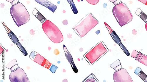 Seamless watercolor pattern with beauty items on th