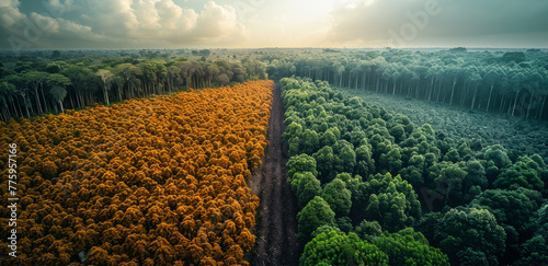 Side-by-side depiction of deforested land for monoculture crops versus a vibrant agroforestry zone, emphasizing the contrast between economic motivations and ecological solutions photo