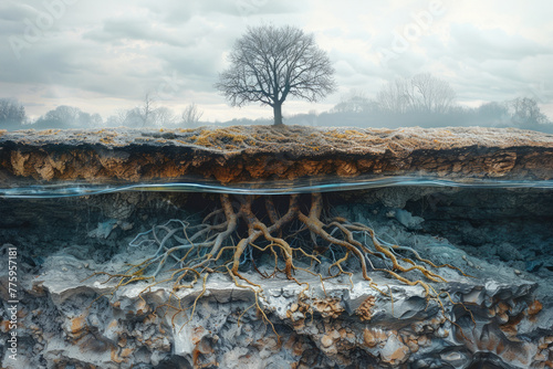 Visual representation of carbon dioxide molecules merging with tree roots, contrasting with the treeless ground above, spotlighting the hidden forest-carbon nexus. photo