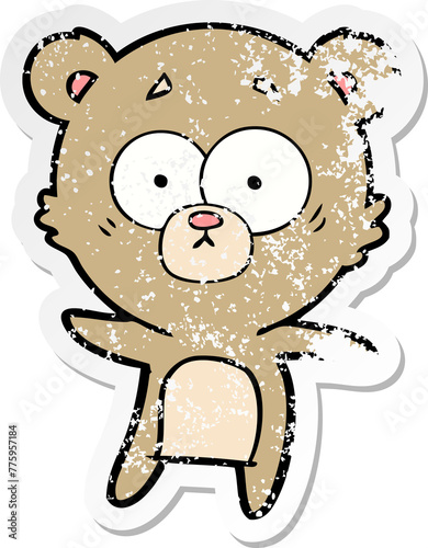 distressed sticker of a anxious bear cartoon
