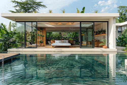 Small minimalist modern house with a pool and bedroom inside. The villa is located in a jungle, surrounded by trees and plants. Glass windows open to show an elegant bed with stylish. Created with Ai