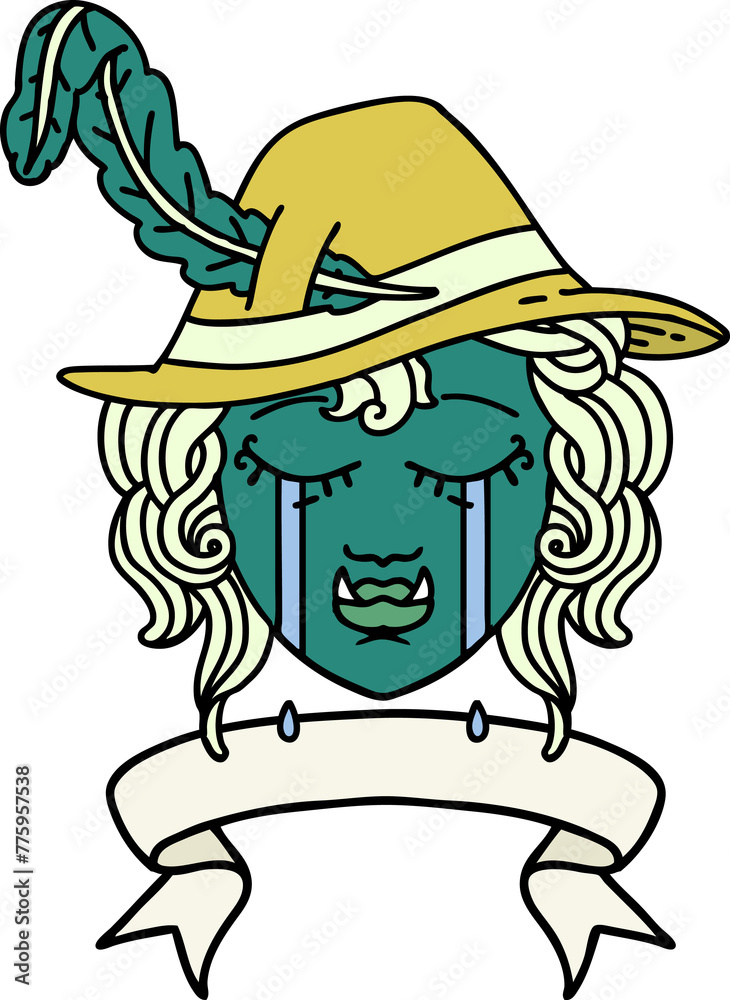Retro Tattoo Style crying orc bard character with banner Retro Tattoo Style crying orc bard character with banner