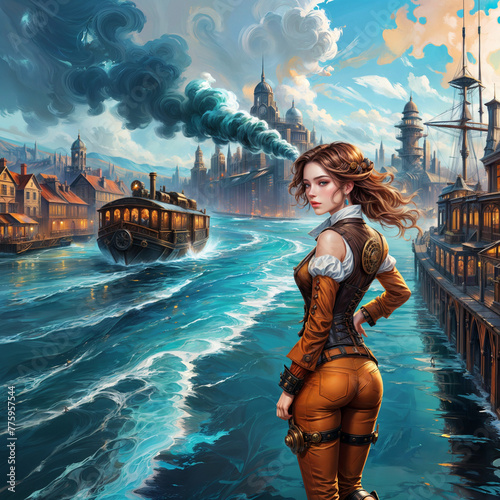 Beautiful steampunk girl in the port. Illustration of a young woman in a steampunk fantasy city landscape.