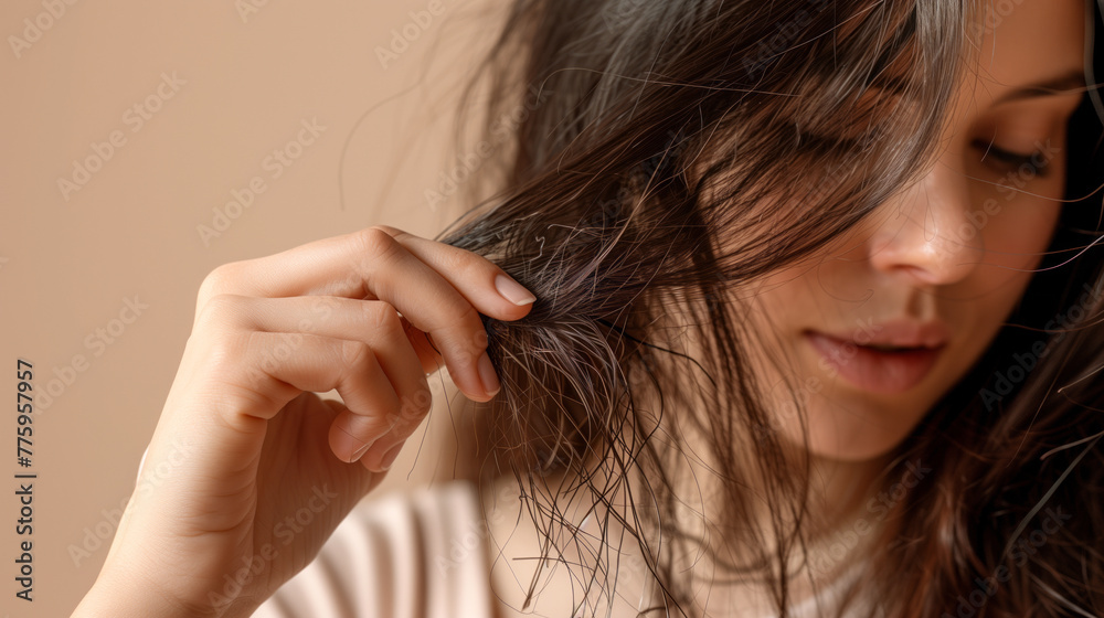 Hair health worries, A person looking at hair strands on their hand, emphasizing concerns about hair loss Hair health worries, A person looking at hair strands on their hand, emphasizing concerns about hair loss