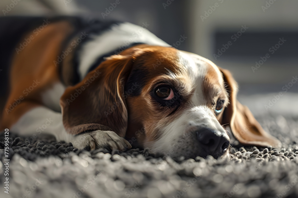 Interior shot of Serious Beagle lying - Ai Generated Interior shot of Serious Beagle lying - Ai Generated