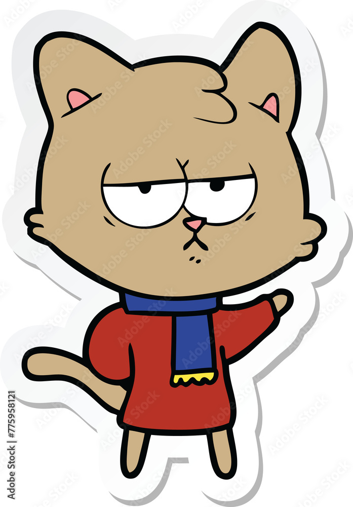sticker of a bored cartoon cat in winter clothes sticker of a bored cartoon cat in winter clothes