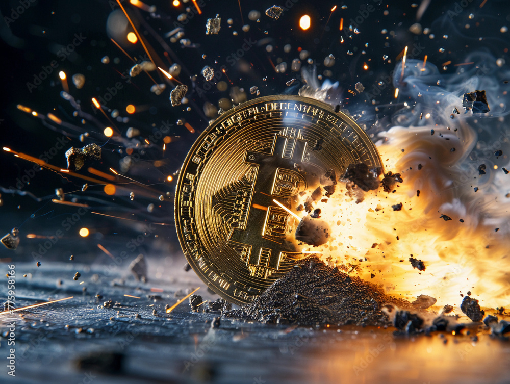 Bitcoin breaking in half with explosion, symbolizing the end of BTC  - obrazy, fototapety, plakaty 