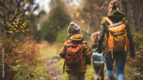 A family engages in an autumn hike through a dense forest, with a child leading the way Emphasizes bonding and adventure