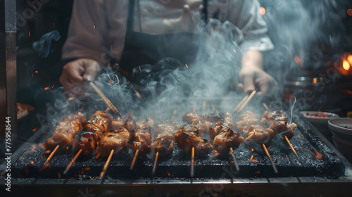 Japanese Chef is grilling chicken with smoke - Ai Generated photo