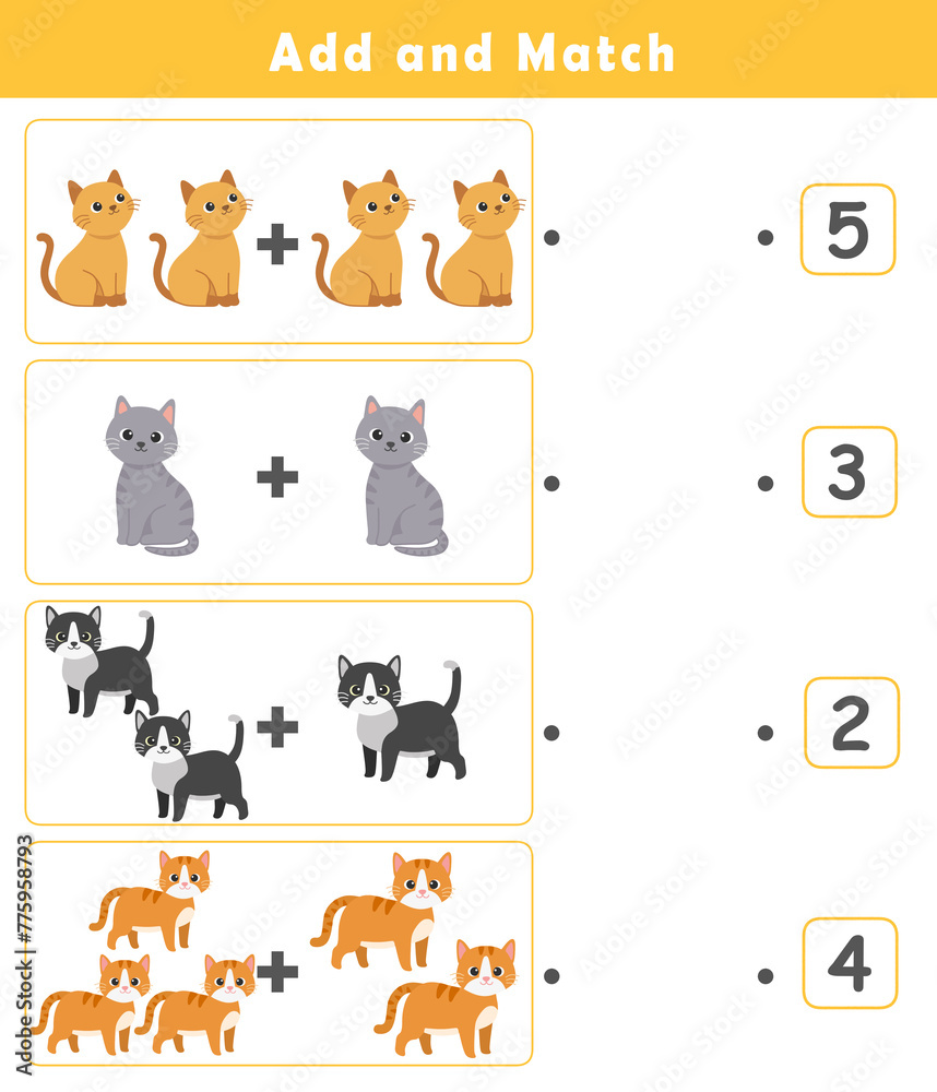 Counting Game for Preschool Children. Math Activities for Kids with cute cat illustration . Math activities for toddlers to practice early math concepts.