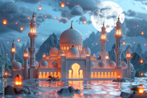 Crtoon style, Ramadan night mosque with lanterns and glowing lights. There is an oasis in front of the white palace, mosque with many domes and minarets and there is water around it. Created with Ai