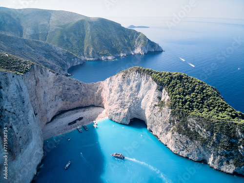 Greece ionian island Zakynthos. Navagio beach bay and cliffs aerial landscape