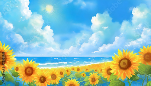 an inviting summer vacation background wallpaper with cheerful sunflowers  bright blue skies  and fluffy white clouds  radiating warmth and happiness