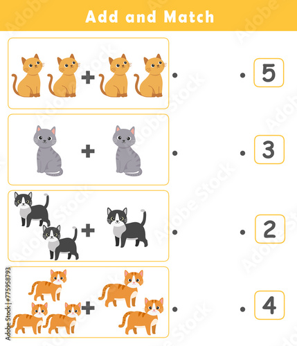 Fototapeta Naklejka Na Ścianę i Meble -  Counting Game for Preschool Children. Math Activities for Kids with cute cat illustration . Math activities for toddlers to practice early math concepts.