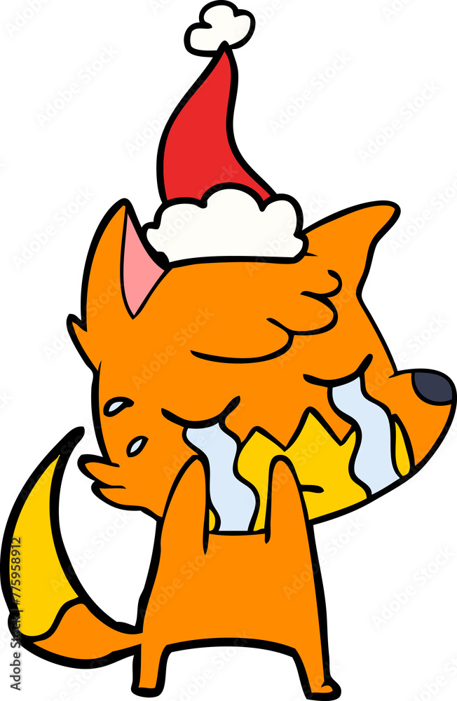 crying fox hand drawn line drawing of a wearing santa hat crying fox hand drawn line drawing of a wearing santa hat