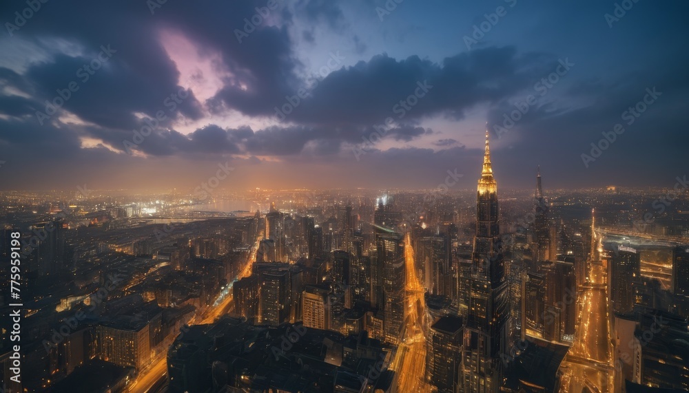 A breathtaking aerial view of a city's skyscrapers lit up under the twilight sky, showcasing urban beauty and architectural marvels.