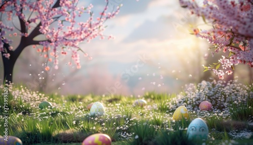 A field of grass with a tree in the background and a few eggs scattered around by AI generated image