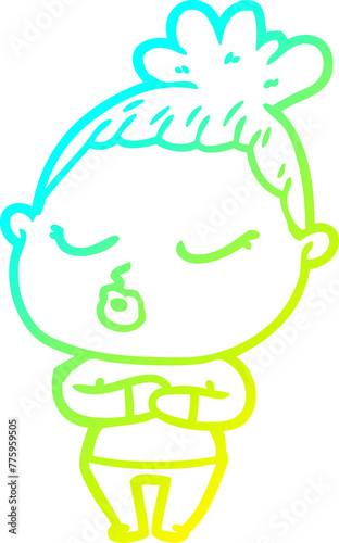 cold gradient line drawing of a cartoon calm woman
