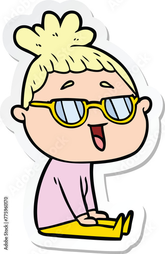 sticker of a cartoon happy woman wearing spectacles