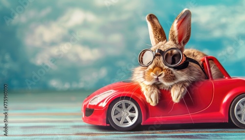 A rabbit is wearing goggles and sitting in a red car by AI generated image