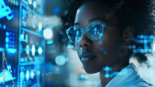 Concept for global communication network in a lab setting. Wide-angle visuals suitable for banners or advertisements featuring a young black woman