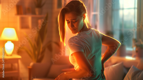 Back pain, A woman massaging her lower back with a pained expression photo
