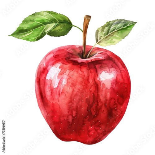 A striking watercolor illustration of a ripe apple with a vibrant green leaf