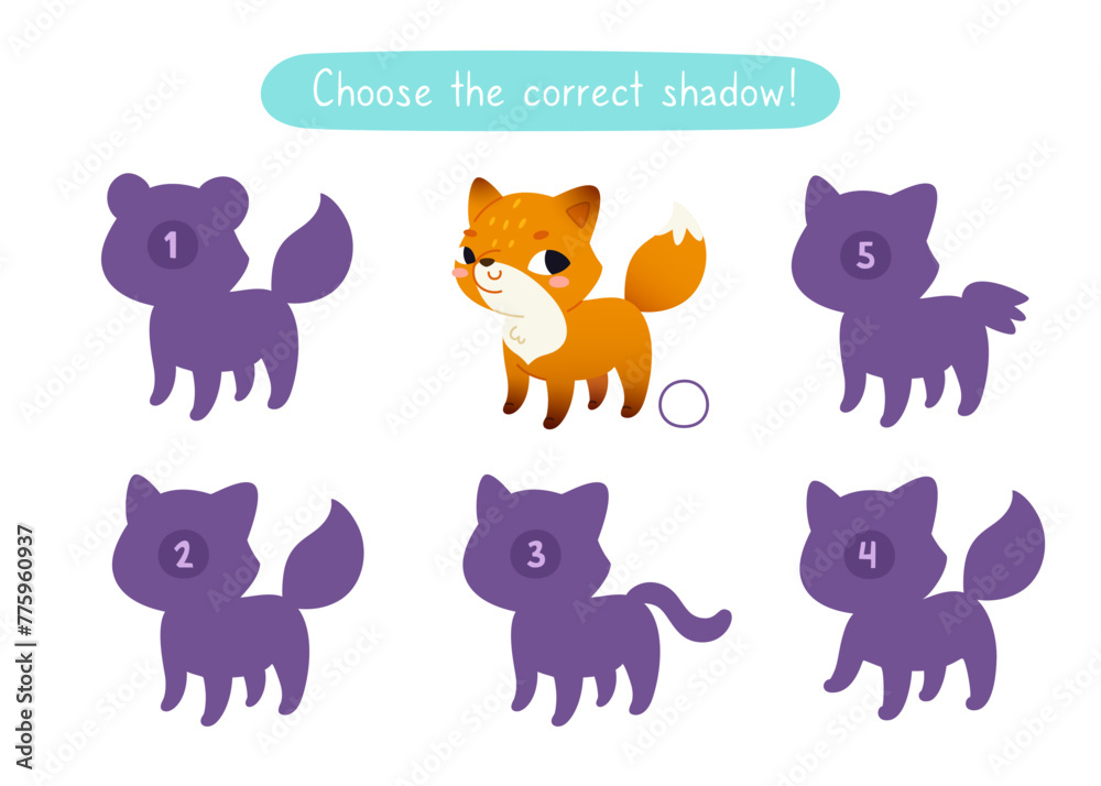 Mini game with cute fox for kids. Find the correct shadow of cartoon baby animal. Brainteaser for kids.