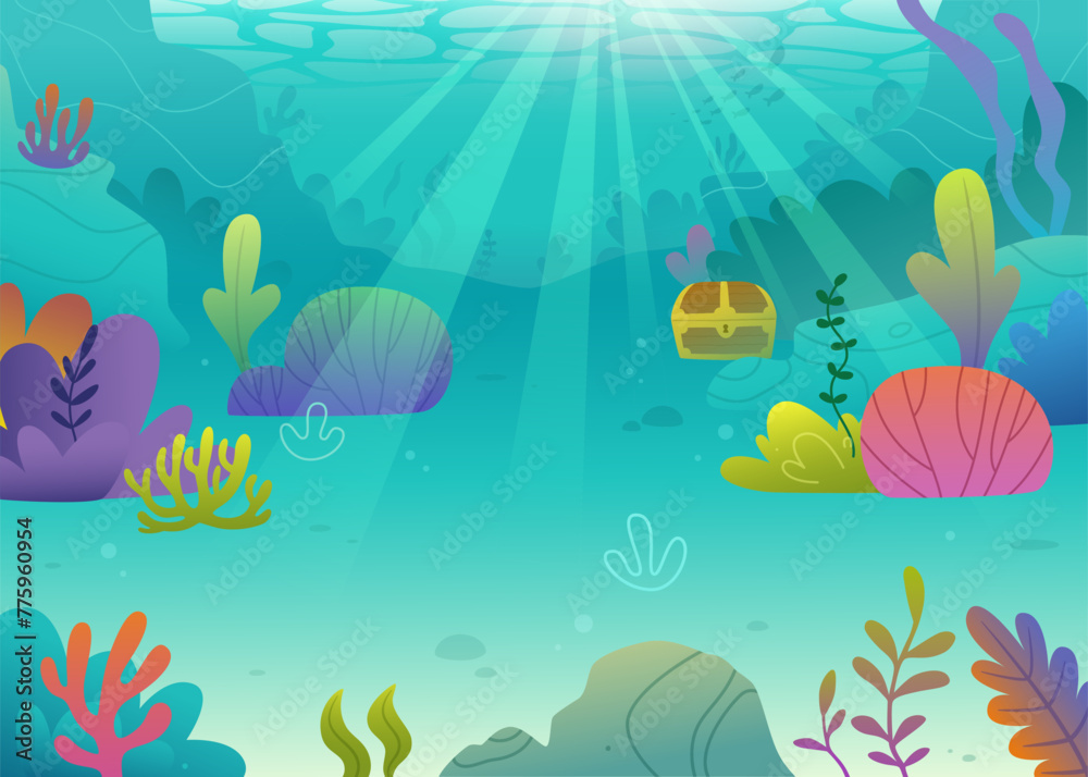 Cartoon seascape background with colorful algae. Tropical vector seabed. Bright underwater view.