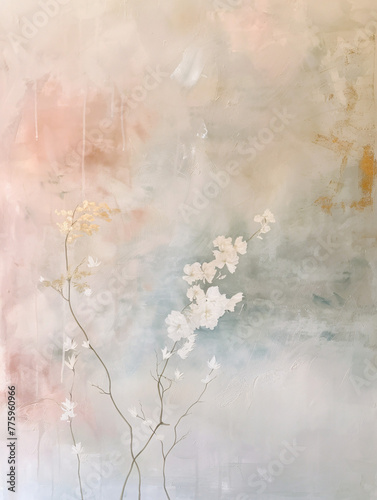 Serene painting of delicate white flowers against a soft, pastel background