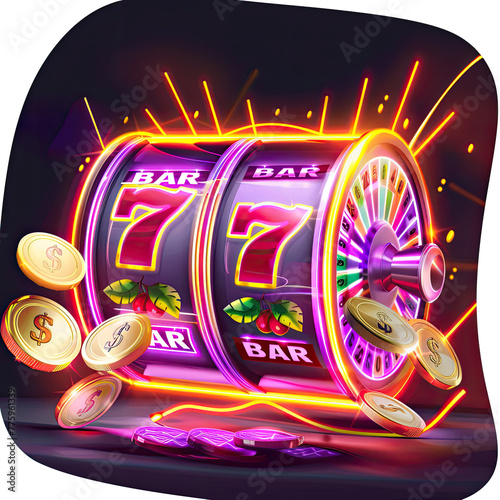 Slot machine jackpot wins, Bonus pop-ups showing super-high scores, Light effects, coins and money flying around, reel with neon lettering text 
