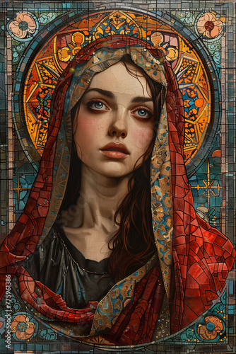 stunningly detailed mosaic portrait of Saint Maria, captured in a moment of prayer