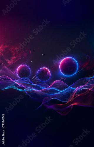 Vibrant cosmic scene with glowing planets and ethereal wavy light lines. photo