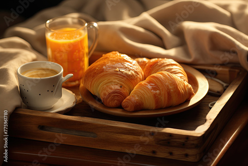 Breakfast tray with orange juice and croissants ana coffee. Generative AI Art. Beautiful view.