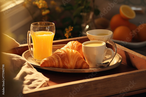 Breakfast tray with orange juice and croissants ana coffee. Generative AI Art. Beautiful view. photo