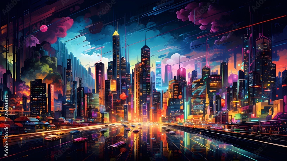 Night city panorama with high skyscrapers and street lights. Illustration