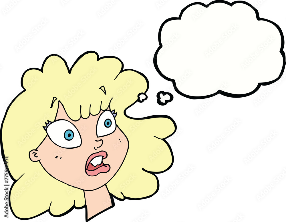 cartoon shocked female face with thought bubble