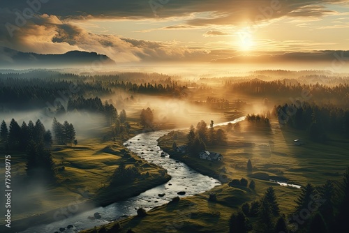 Nature of Russia. Morning landscape with river and fog. Generative AI Art. Beautiful view.